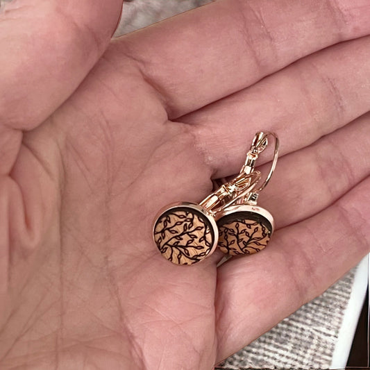 Remain In The Vine Engraved Wood and Rose Gold Lever Back Earrings