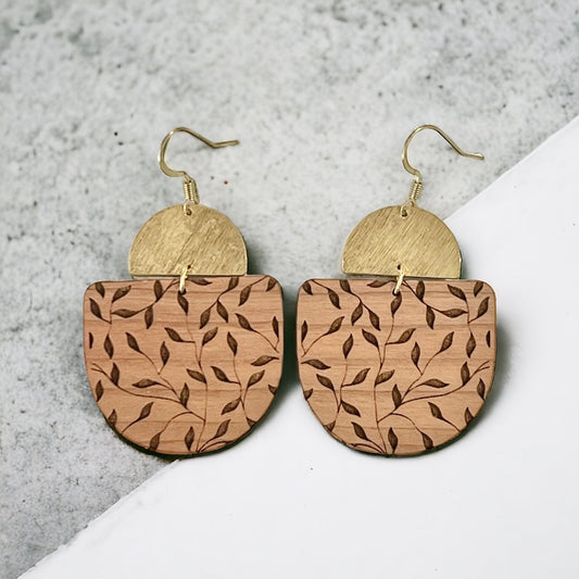 Floral Engraved Cherry Wood Half Circle Arch Dangle Earrings