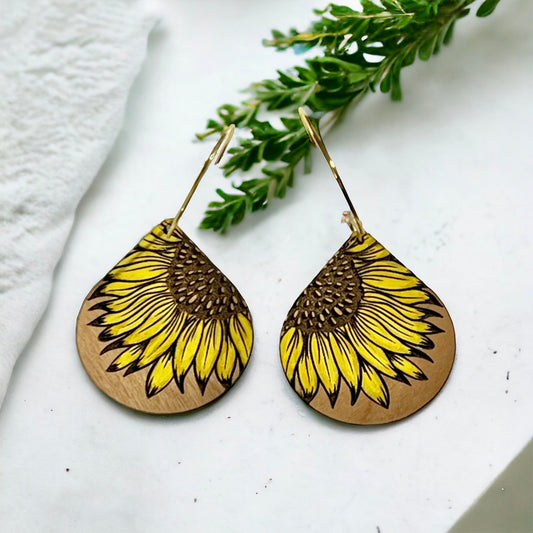 wooden laser cut and laser engraved earrings, sunflower designs and hand painted yellow petals, floral earrings