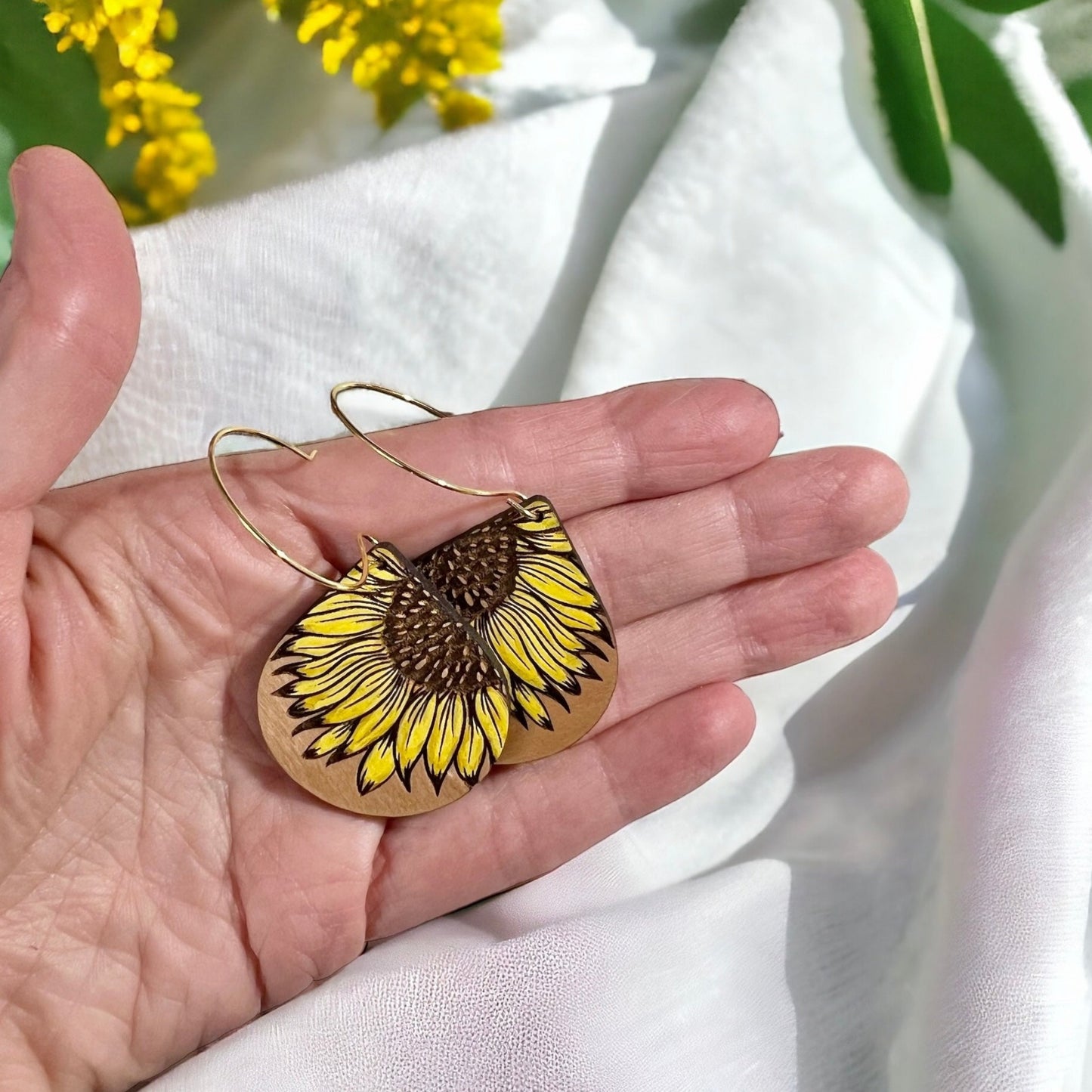Sunflower Teardrop Cherry Wood Dangle Earrings - Hand painted