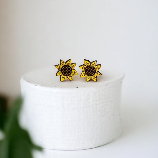 Sunflower Mini Wood Stud Earrings - Hand Painted