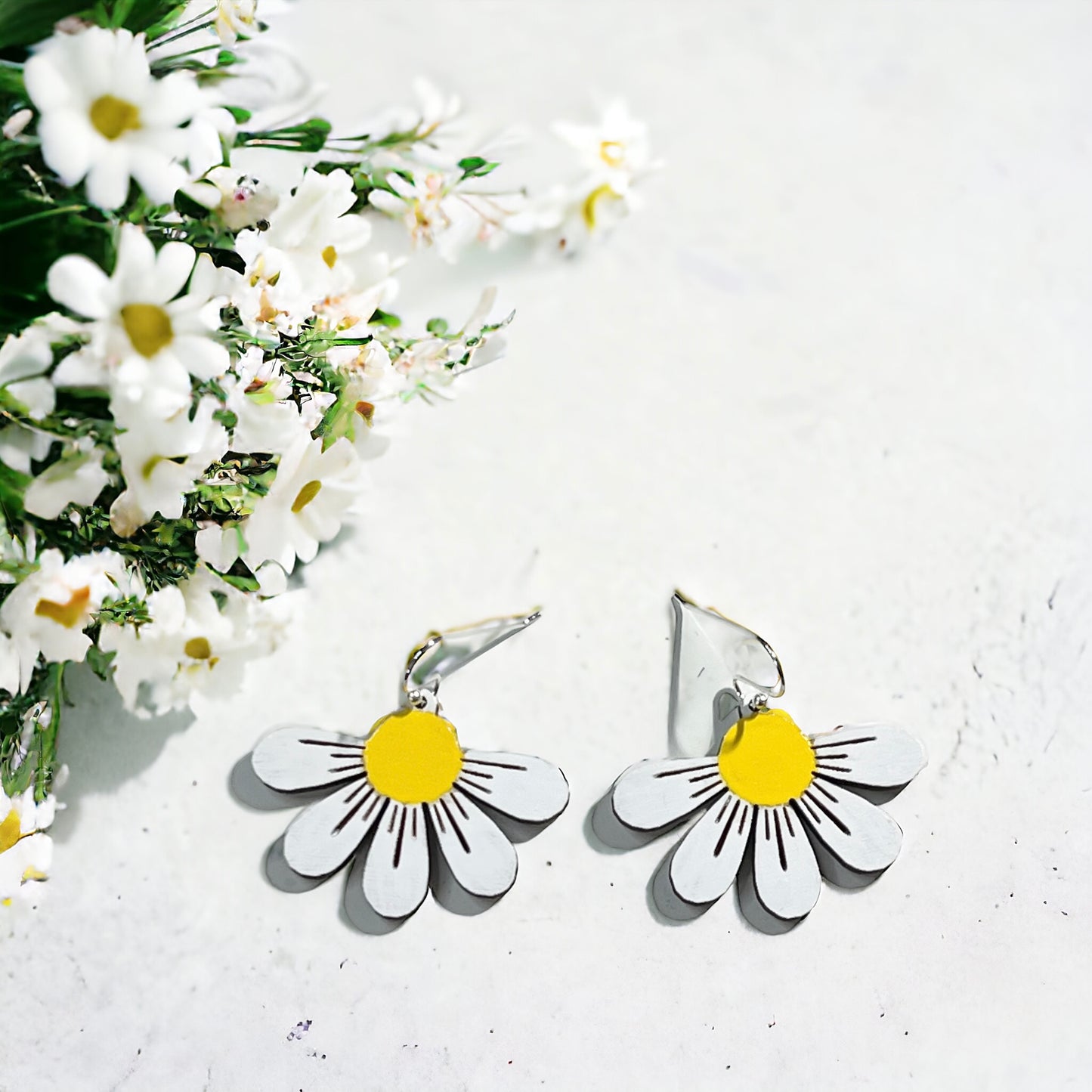 White Daisies Hand Painted Floral Wood Earrings