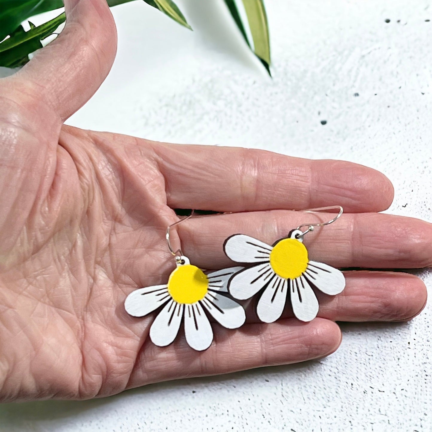 White Daisies Hand Painted Floral Wood Earrings