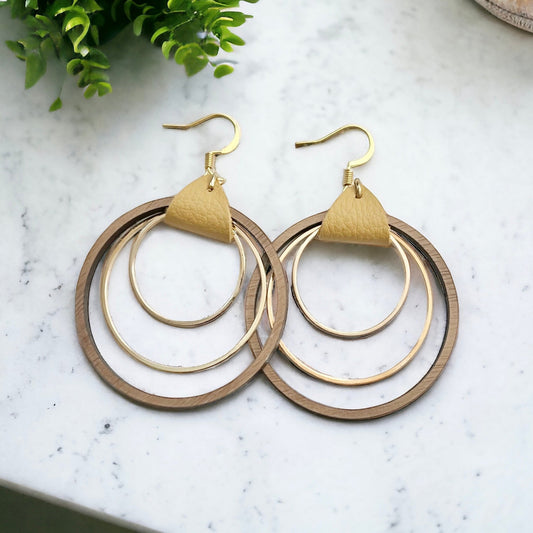 Large Triple Hoop Earrings - Wood, Gold, Leather