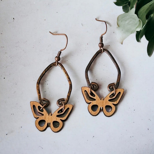 wood butterfly earring with hand shaped and hammered antique copper wire, nickel free fish hook ear wires for sensitive ears